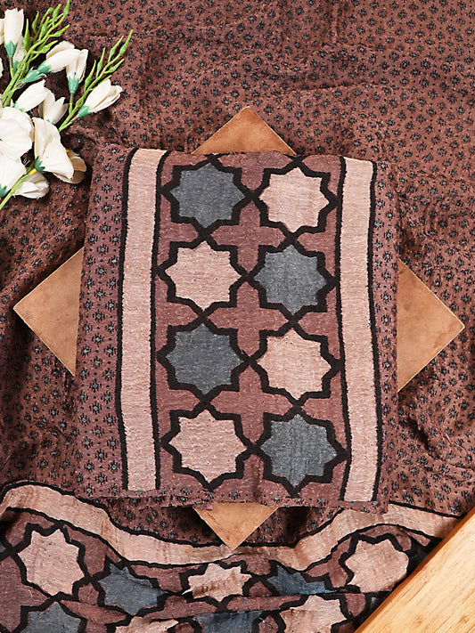 Earthy Mocha Interlocking Star Organic Ajrakh Crushed Linen Silk 2-Pc Suit Set