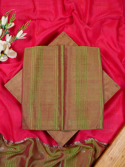 Olive Green & Magenta Dual-Tone Pattu Silk Handloom 2 Pc Suit Set