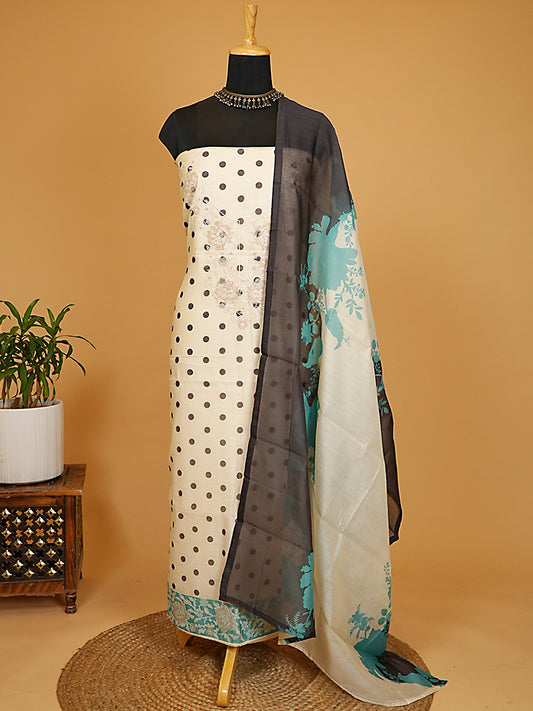 Cream & Teal Mul Chanderi Polka Dot Suit Set