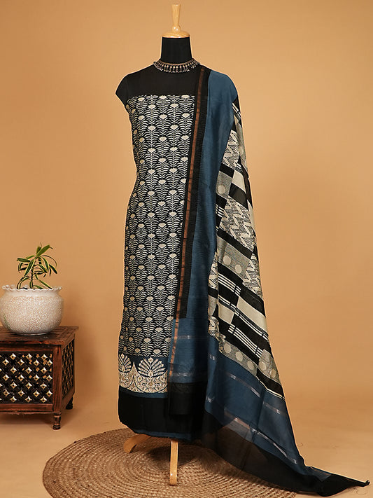 Deep Blue Printed Maheshwari Silk Suit Set