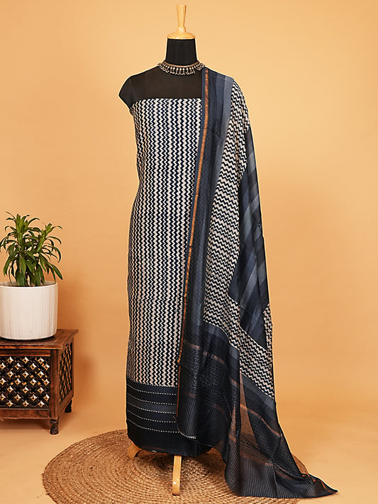 Midnight Blue Zigzag Maheshwari Silk Suit Set