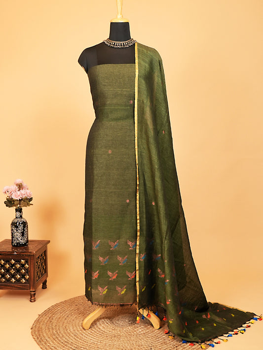Olive Green Jayshree Linen Jamdani Suit with Multicolour Bird Motifs