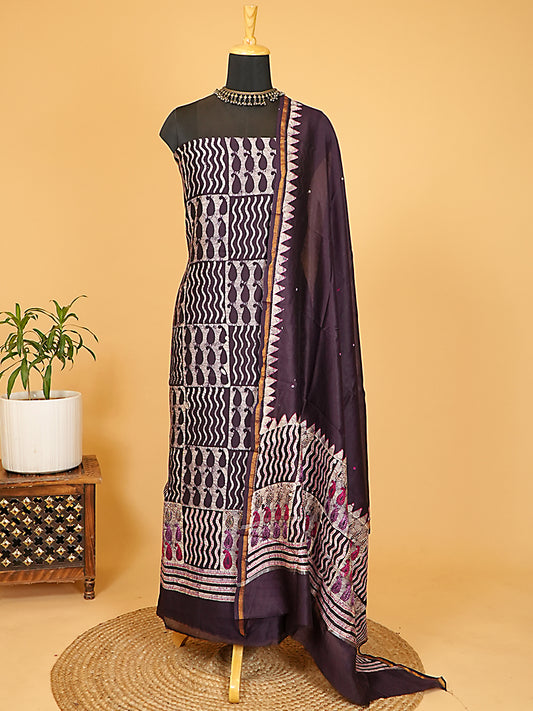 Deep Plum Purple Maheshwari Silk Printed Suit Set
