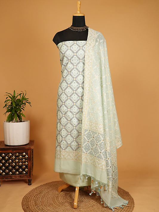 Ice Blue Pure Handloom Cotton Jamawar & Banarasi Woven Suit Set