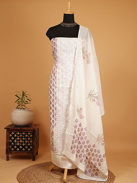 White & Pink Chanderi Silk Chikankari Suit Set