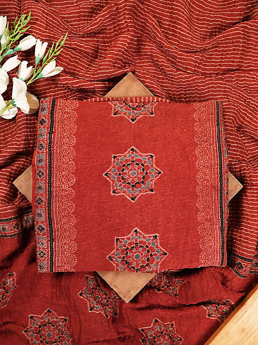 Maroon & Black Organic Ajrakh Crushed Linen Silk 2-Pc Suit Set
