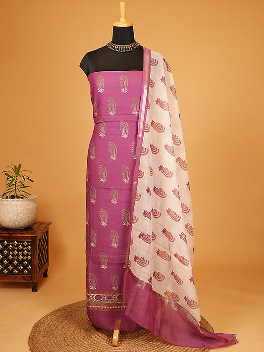 Purple Printed Mul Chanderi Suit Set