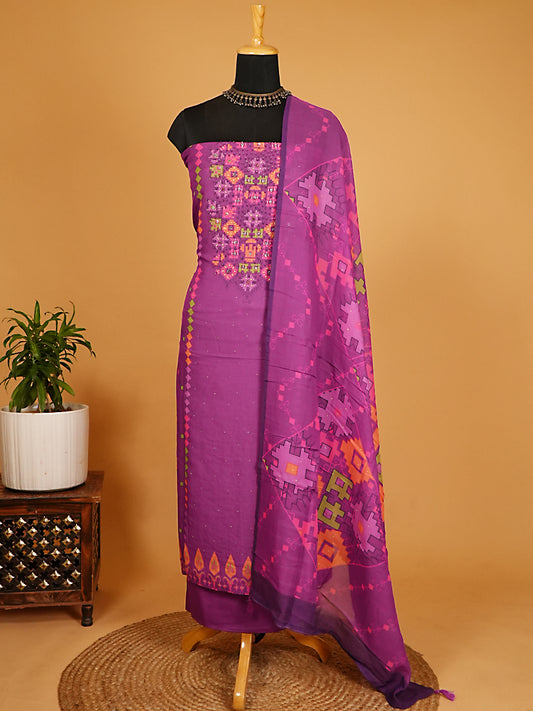 Purple Pure Muslin Geometric Printed & Beadwork Suit Set