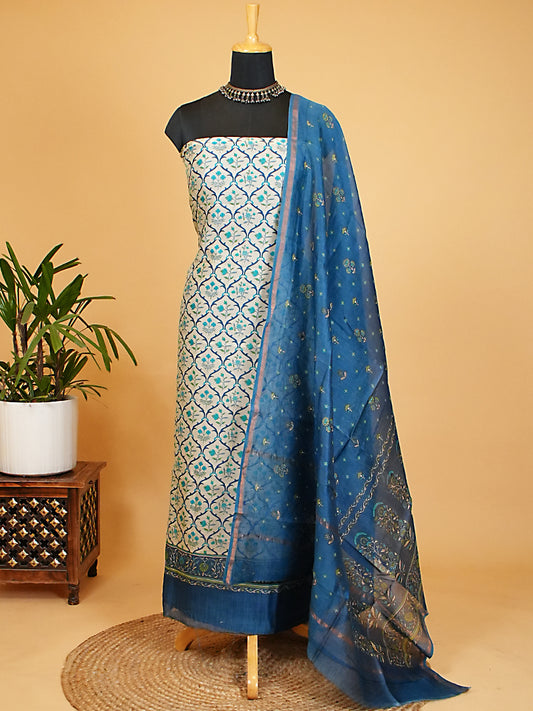 Cream & Indigo Blue Maheshwari Silk Printed Suit Set