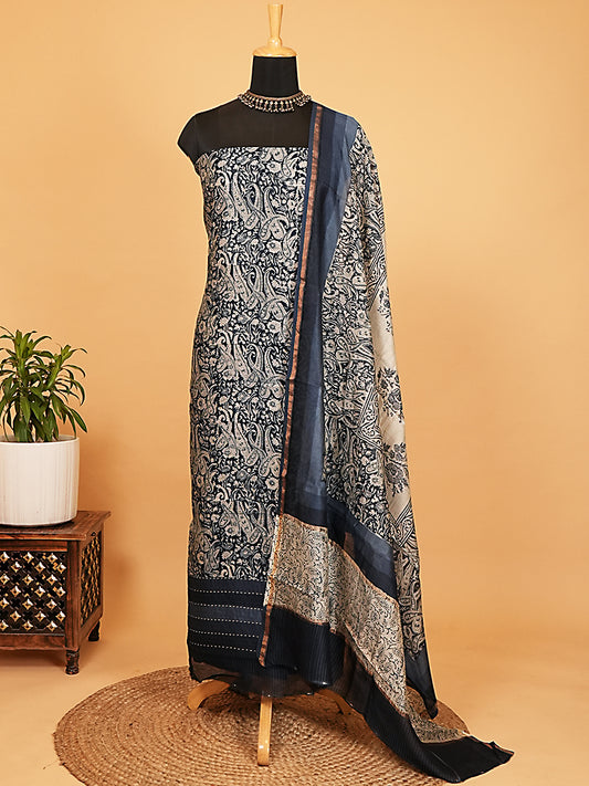 Midnight Blue Ornate Paisley Maheshwari Silk Suit Set