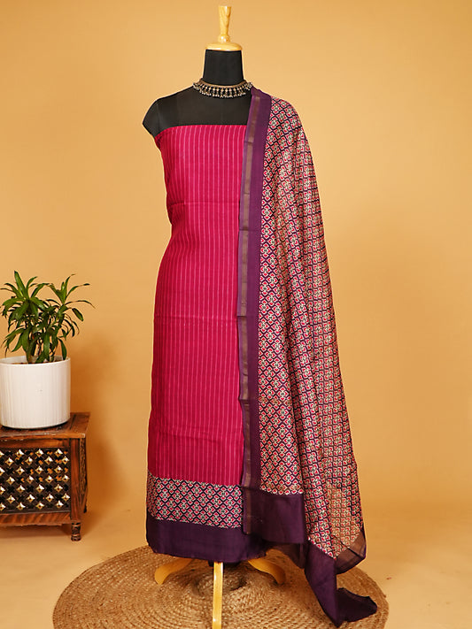 Magenta Maheshwari Silk Striped & Patola Print Suit Set