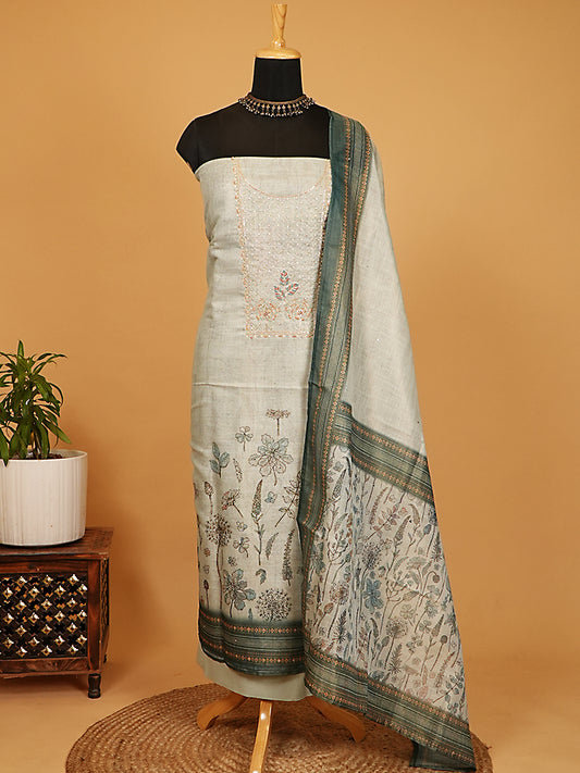 Sage Grey Linen Tissue Silk Floral Printed & Embroidered Suit Set