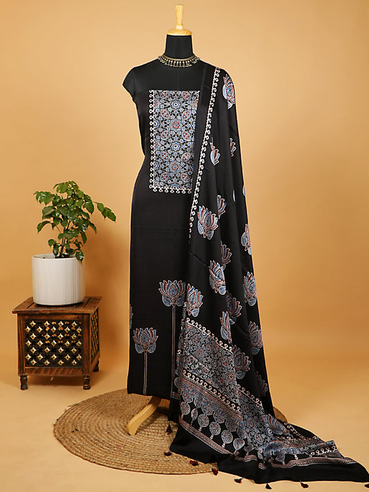 Jet Black Organic Ajrakh Modal Satin 2 Piece Suit Set