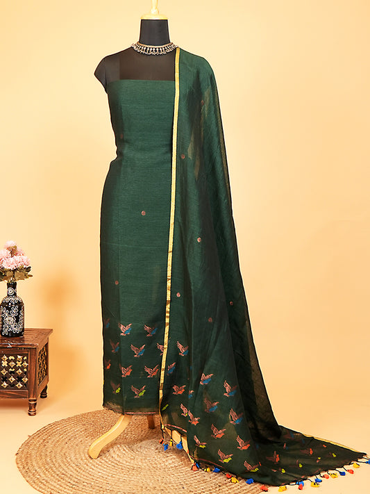 Bottle Green Jayshree Linen Jamdani Suit with Multicolour Bird Motifs
