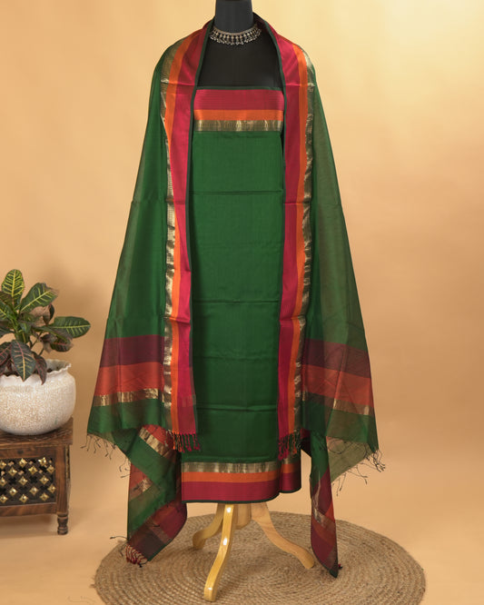 Bottle Green Maheshwari Silk Multi-Coloured Border Suit Set