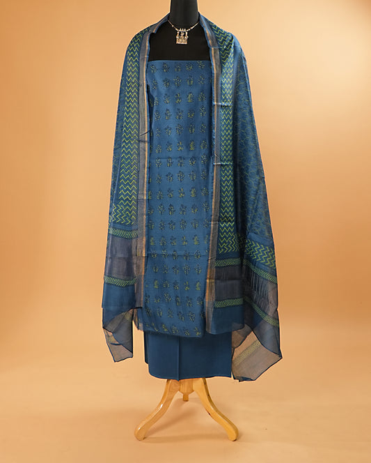 Blue Chanderi Silk Handblock Print Suit Set