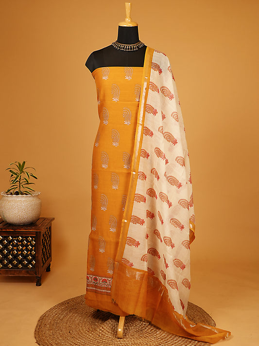 Mustard Printed Mul Chanderi Suit Set