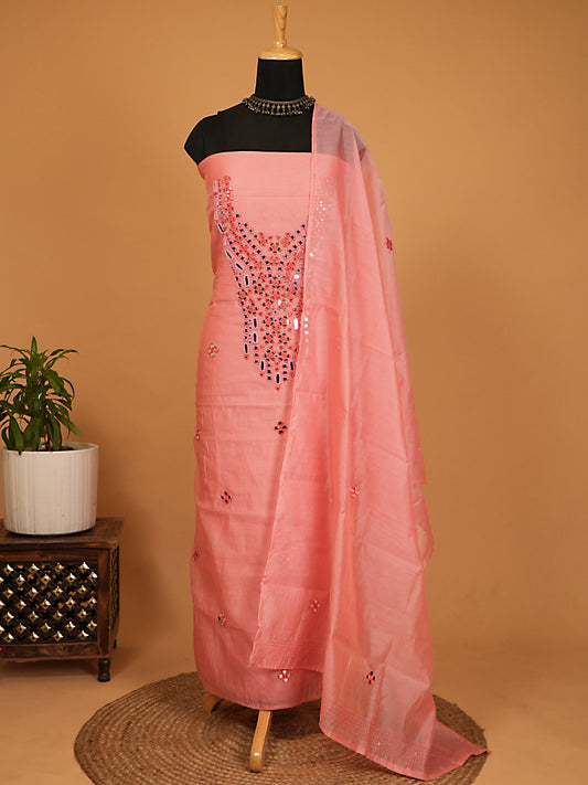 Soft Coral Pink Chanderi Silk Mirror Work Suit Set