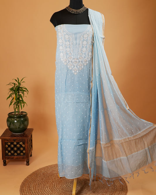 Sky Blue Mul Chanderi Lucknowi Handwork Suit Set