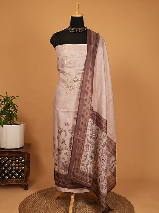Dusty Mauve Linen Tissue Silk Floral Printed & Embroidered Suit Set