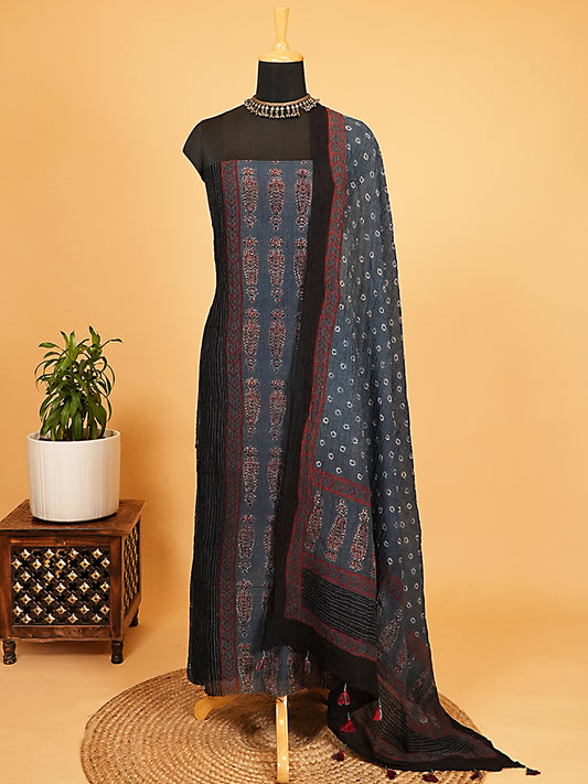Deep Indigo & Maroon Organic Ajrakh Crushed Linen Silk 2-Pc Suit Set