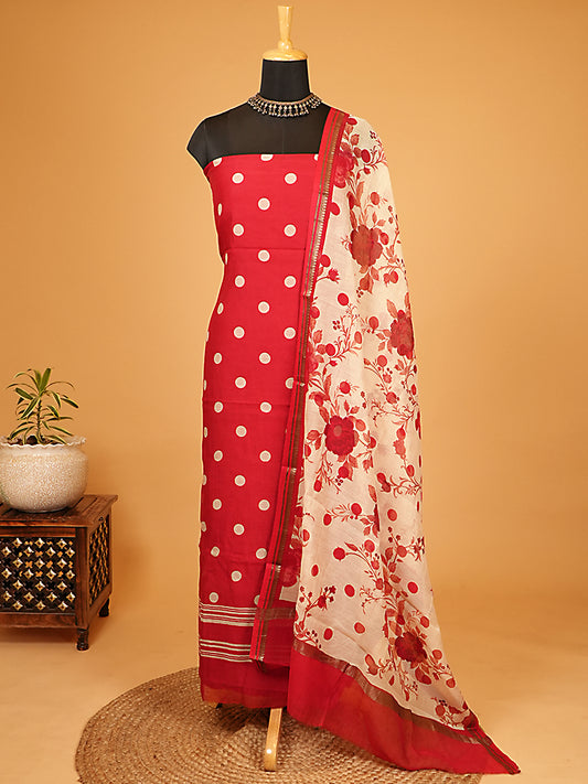 Red Polka Dots Mul Chanderi Suit Set