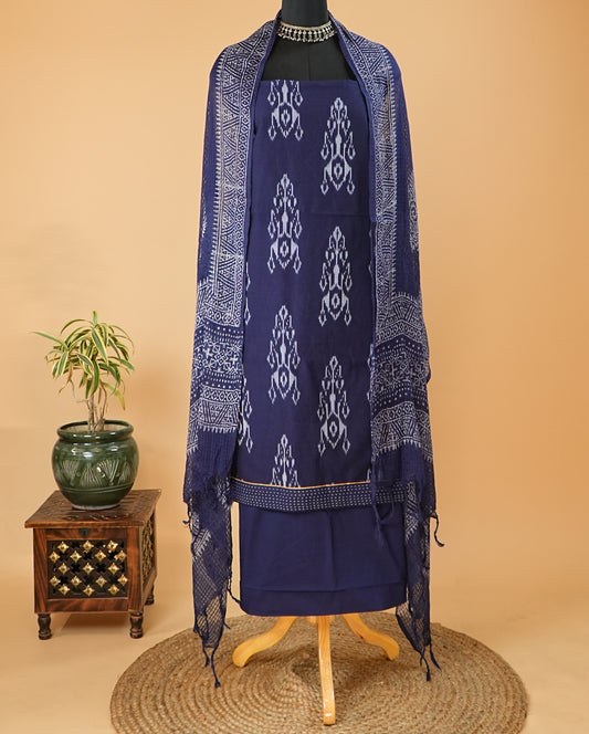 Navy Blue & White Ikat Print Suit Set
