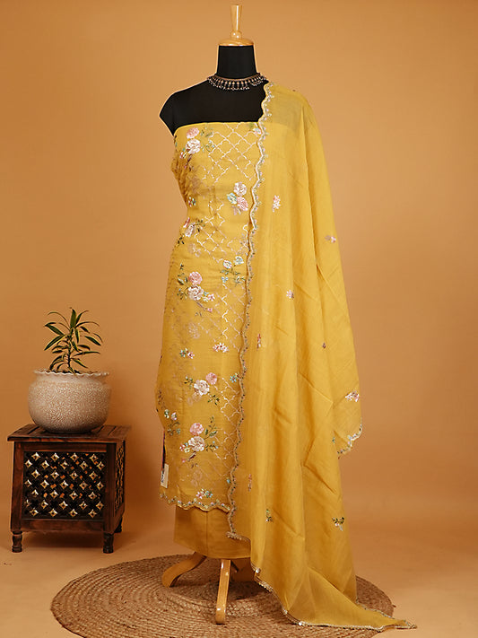 Mustard Pure Mul Chanderi Floral Suit Set