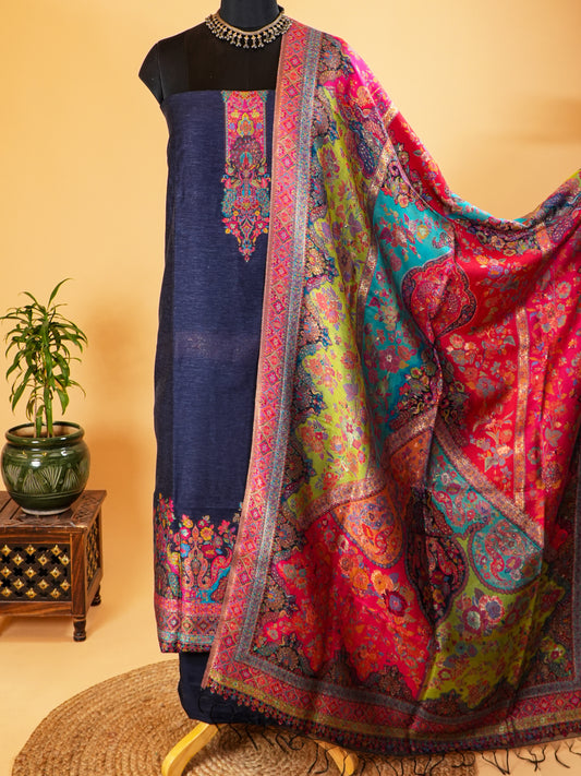 Navy Blue Mulberry Silk Suit Set With Jamawar Handweaving