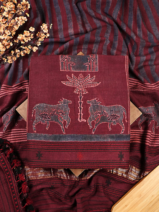 Maroon Pure Merino Wool Ajrakh 3 Piece Suit Set