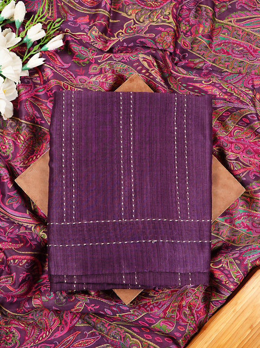Deep Purple Maheshwari Silk Kantha Stitch Suit Set