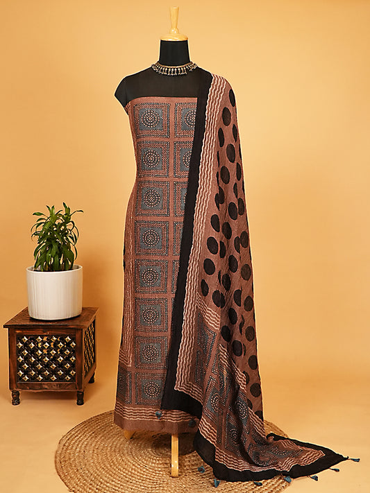 Earthy Mocha Geometric Grid Organic Ajrakh Crushed Linen Silk 2-Pc Suit Set