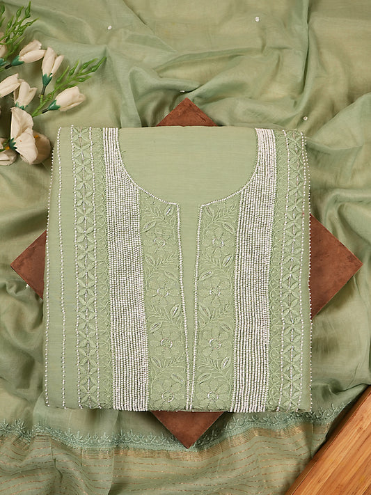 Pastel Green Mul Chanderi Lakhnavi Suit Set with Pearl & Thread Work