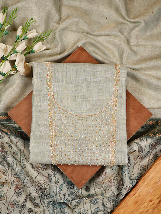 Sage Grey Linen Tissue Silk Floral Printed & Embroidered Suit Set