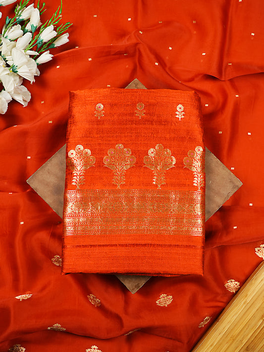 Burnt Orange Handcrafted Raw Silk Banarasi Suit Set