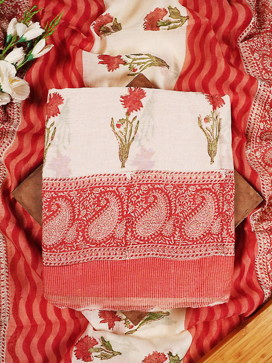Off-White & Red Soft Mul Chanderi Block Print Suit Set