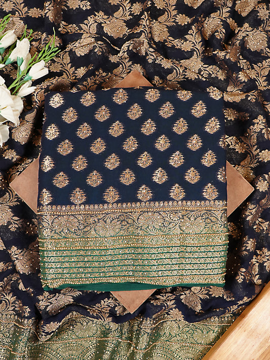 Midnight Navy & Emerald Green Pure Khaddi Georgette Banarasi Suit Set