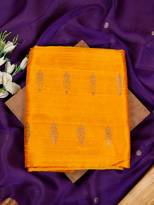 Vibrant Mustard Yellow Pure Raw Silk Kadwa Banarasi Suit Set with Purple Kora Silk Dupatta