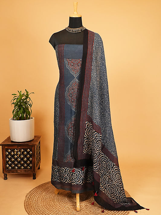 Indigo & Maroon Organic Ajrakh Crushed Linen Silk 2-Pc Suit Set