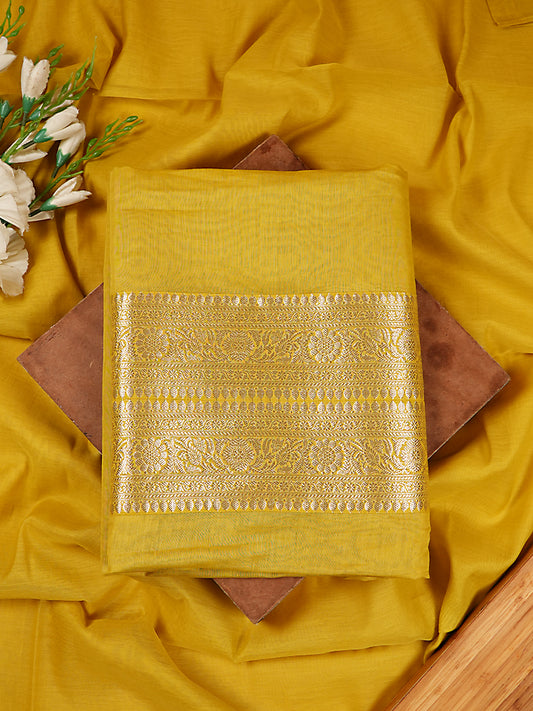 Mustard Yellow Pure Mul Chanderi Banarasi Suit Set with Silver Zari
