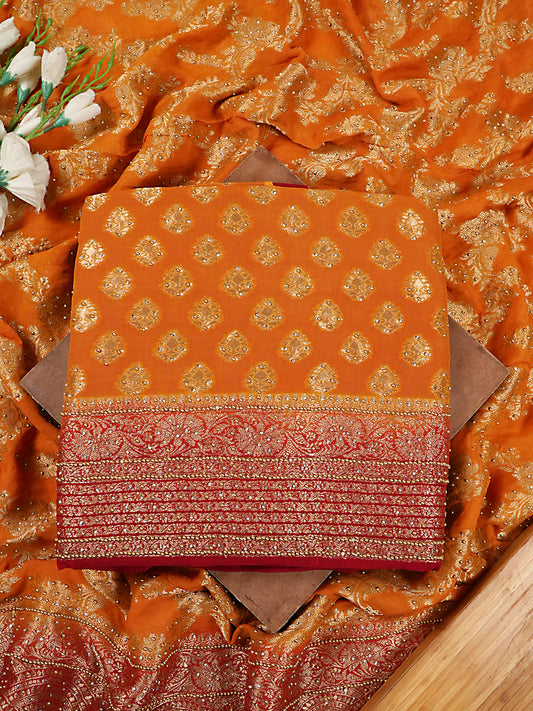 Vibrant Mustard Yellow & Red Pure Khaddi Georgette Banarasi Suit Set