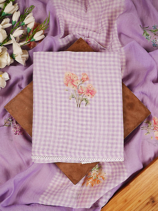 Lavender Gingham Mul Chanderi Floral Suit Set
