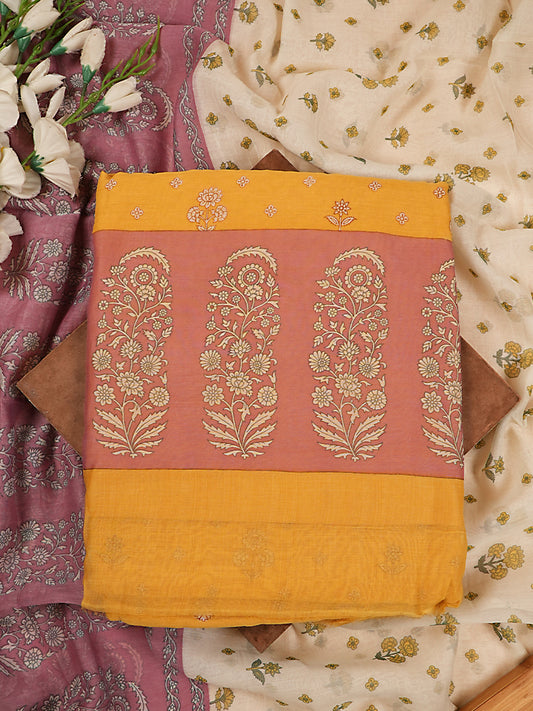 Warm Mustard & Purple Printed Mul Chanderi Suit Set