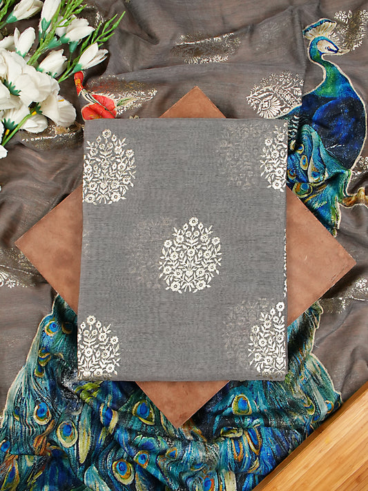 Grey Chanderi Silk Foil Print Suit Set