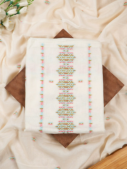 White Chanderi Silk Jamdani Suit Set with Beadwork
