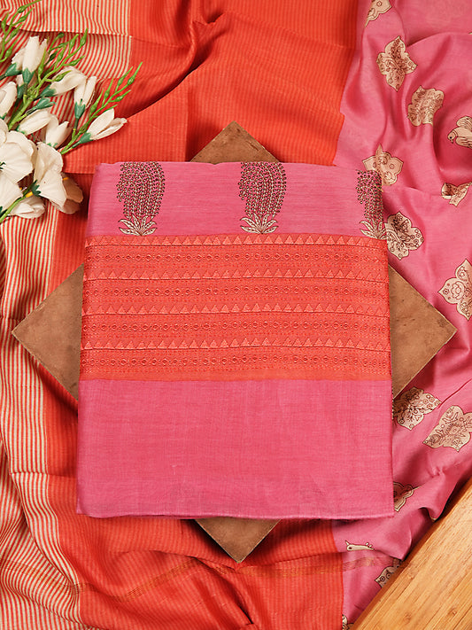 Pink Printed Maheshwari Silk Suit Set with Orange Dupatta