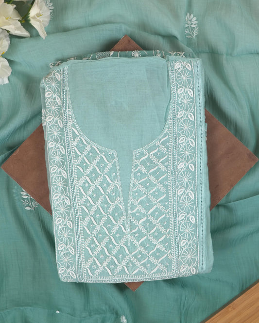 Ombre Blue Mul Chanderi Lucknowi Handwork Suit Set