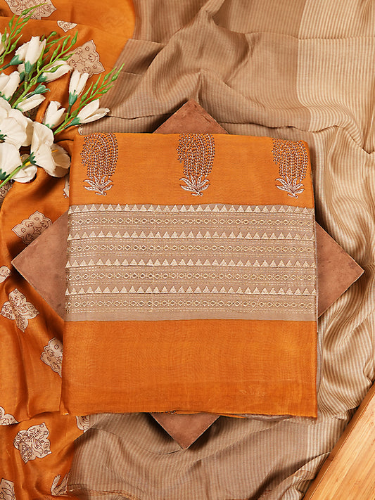 Mustard Orange Printed Maheshwari Silk Suit Set with Beige Dupatta