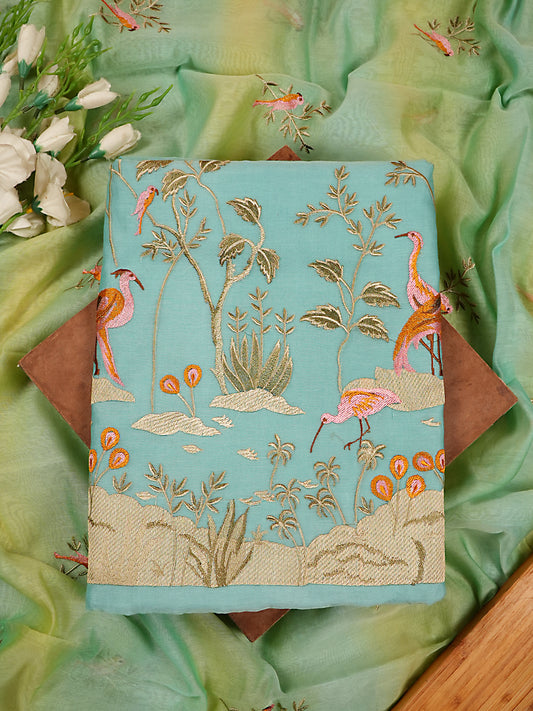 Aqua Blue Handloom Pure Mul Chanderi Flamingo Embroidered Suit Set