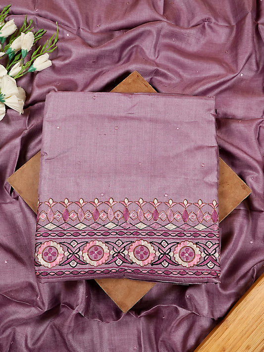 Dusty Lavender Pure Tussar Silk Suit Set with Multicolour Aari Work